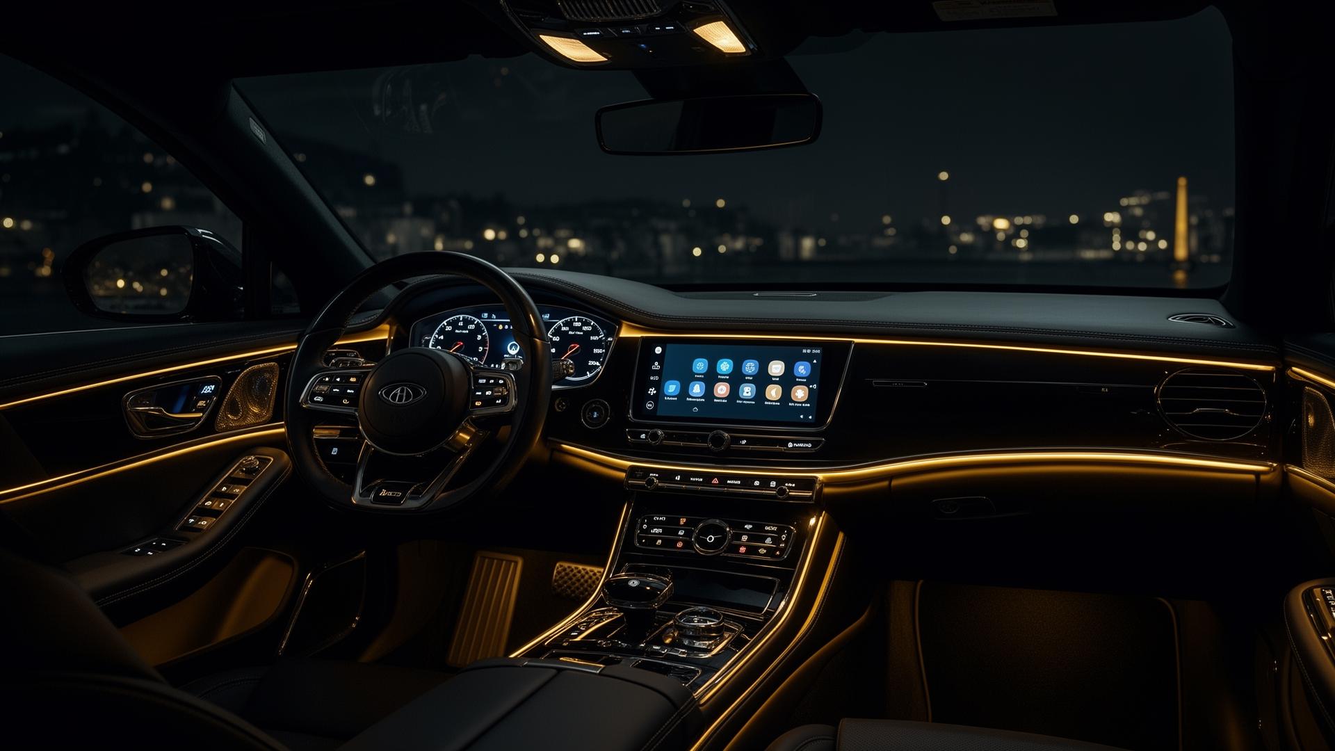 Premium car interior with ambient gold lighting